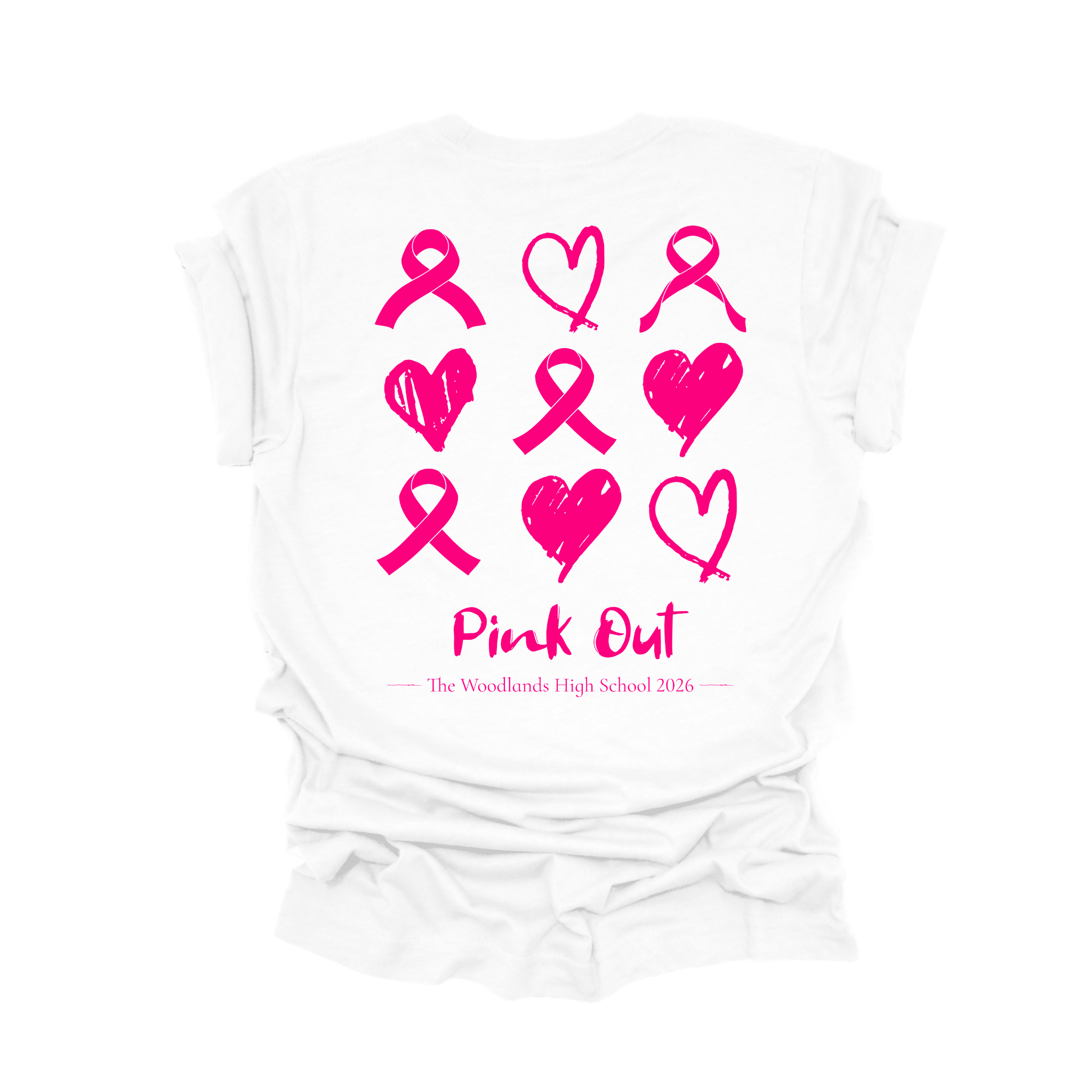 The Woodlands High School Pink Out 2026 – Pink Hearts & Ribbons T-Shirt -  Breast Cancer Awareness T-Shirt