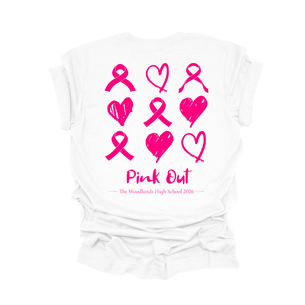 The Woodlands High School Pink Out 2026 – Pink Hearts & Ribbons T-Shirt -  Breast Cancer Awareness T-Shirt